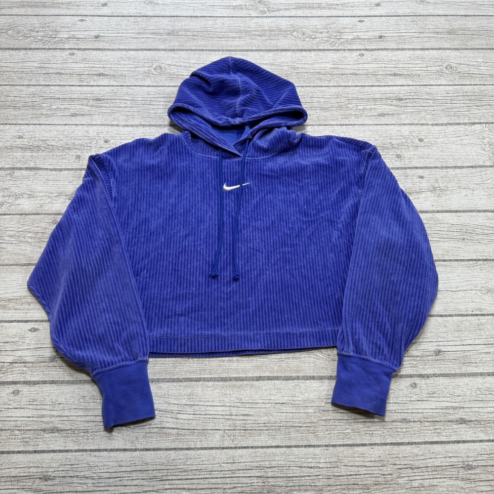 Nike Hoodie Womens Small Blue Cropped Corduroy Ribbed Swoosh Pullover Sweatshirt